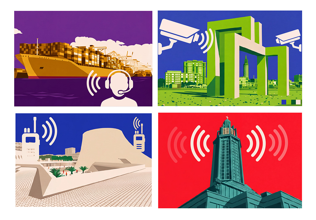 Affiche EMG Le Havre : quatre vignettes illustrées